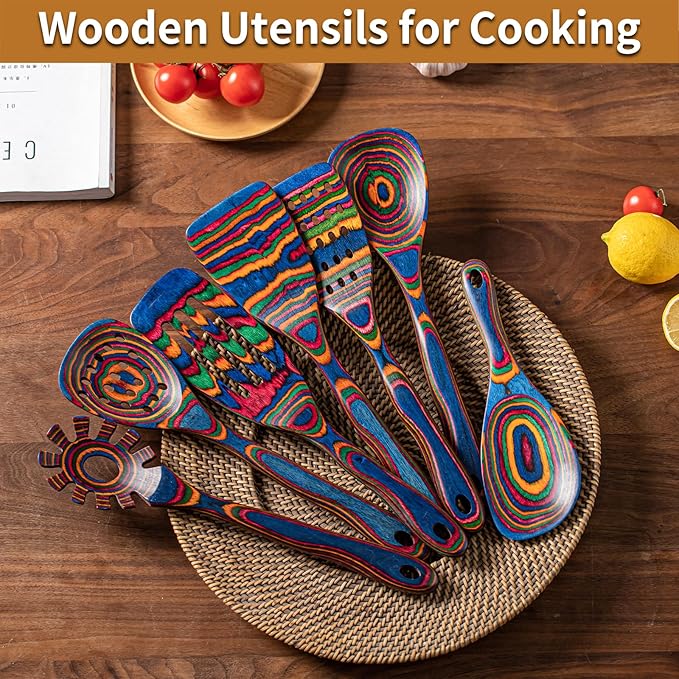 Gudamaye Pakkawood 7-Piece Blue Wooden Cooking Utensils - Wooden Spoons, Kitchen Utensil Set, Non-Stick Spoons