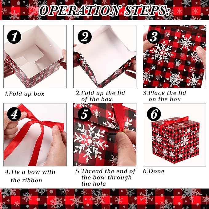 3 Pcs Christmas Nesting Gift Boxes Buffalo Plaid Xmas Stackable Boxes Black Red Decorative Xmas Nested Present Boxes with Lids and Ribbon for New Year Birthday Party Gift(Snowflake)