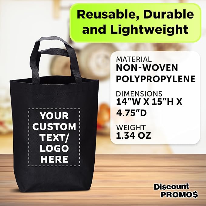 DISCOUNT PROMOS Large Reusable Heavy Duty Tote Bag Set of 10/50/100, Personalized Bulk Pack
