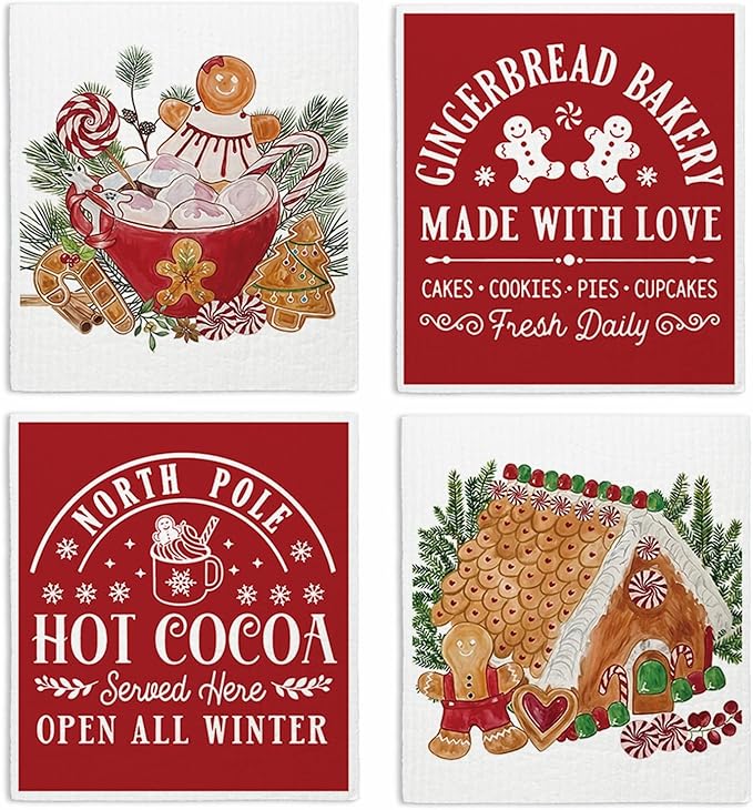 Swedish Dishcloths for Kitchen, Christmas Xmas Red Dish Rags Kitchen Dish Towels for Washing Dishes, 4 Pack Reusable Paper Towels, Sponge Cloths for Winter Holiday Baking Cooking Home Cleaning