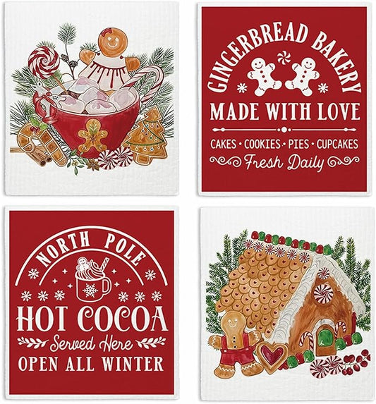 Swedish Dishcloths for Kitchen, Christmas Xmas Red Dish Rags Kitchen Dish Towels for Washing Dishes, 4 Pack Reusable Paper Towels, Sponge Cloths for Winter Holiday Baking Cooking Home Cleaning