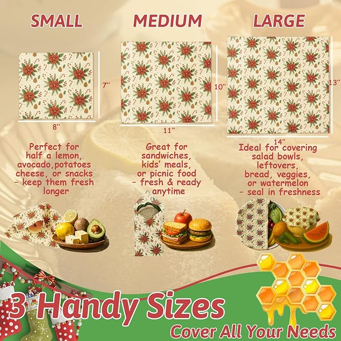 Christmas Beeswax Bread Bags Set – 2 Reusable Bread Bags + 3 Wax Paper Sheets,Eco-Friendly Beeswax Wraps for Food,Homemade Sourdough,Cheese,Snacks & Fruit,Holiday Gift for Bakers Kitchen Lovers