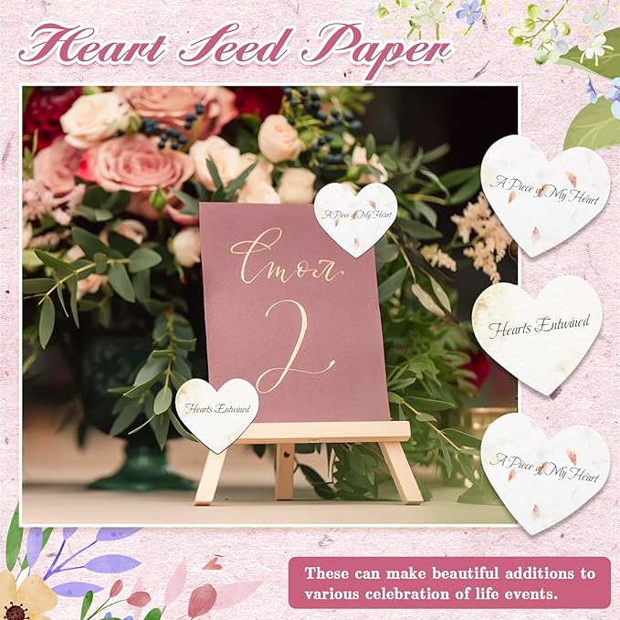 50 Pcs Funeral Memorial Seed Paper for Guests Plantable Wildflower Seeds Paper Recycled Sympathy Gifts for Loss of Father Mother Loved One Petals Tags for Guests, 2 Styles(Heart)
