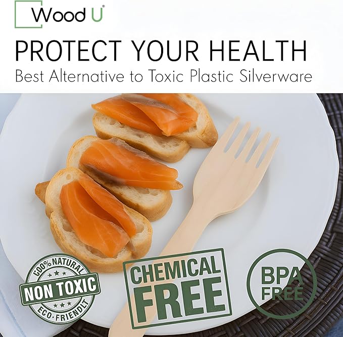 Disposable Wooden Forks by WoodU | 100% All-Natural, Eco-Friendly, Biodegradable, and Compostable - Pack of 100-6.5" forks cutlery utensils