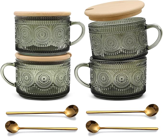 Vintage Coffee Mugs Set of 4 Green, 14 Oz Overnight Oats Containers with Bamboo Lids and Spoons, Glass Breakfast Tea Cups, Cute Coffee Bar Accessories Christmas Gifts