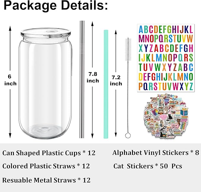 16oz Acrylic Mason Jars Cups, 12 Pack Can shaped Plastic Cups with Lids and Straws, Iced Coffee Cup Cute Drinking Glass Unbreakable Tumbler for Whiskey, Soda, Iced Tea, Colored