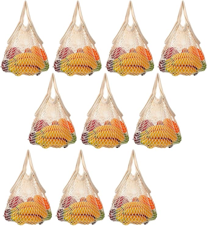 10 Pieces Reusable Mesh Grocery Bags Portable Cotton Produce Containers Washable Net Mesh Reusable Tote Bag with Handle String Shopping Organizer for Fruit Vegetable Shopping Storage Market