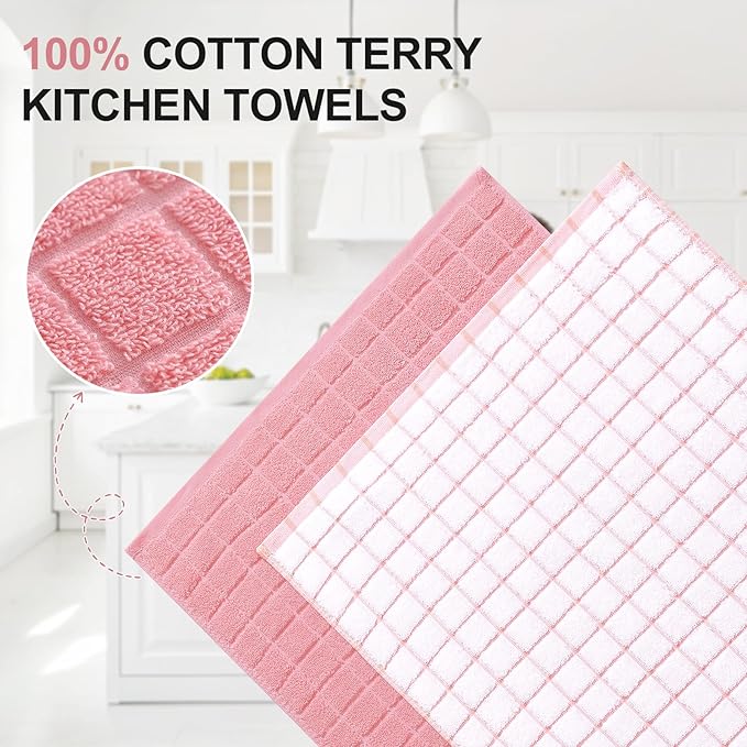 Homaxy Premium Cotton Kitchen Towels 16"x 28", Large Natural Ring Spun 390 GSM Dish Towels, Super Absorbent Terry Kitchen Hand Towels, Soft Tea Towel with Hanging Loop, Pink Check Design, 8 Pack