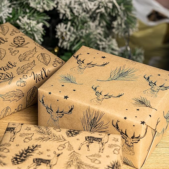 RUSPEPA Christmas Wrapping Paper Set - 4 Rolls of Kraft Wrapping Paper (30 Inches x 10 Feet Per Roll) with 8 Gift Bows, 1 Spools of Bakers Twine, Jute String, 30 Stickers and 30 Gift Tags - Black