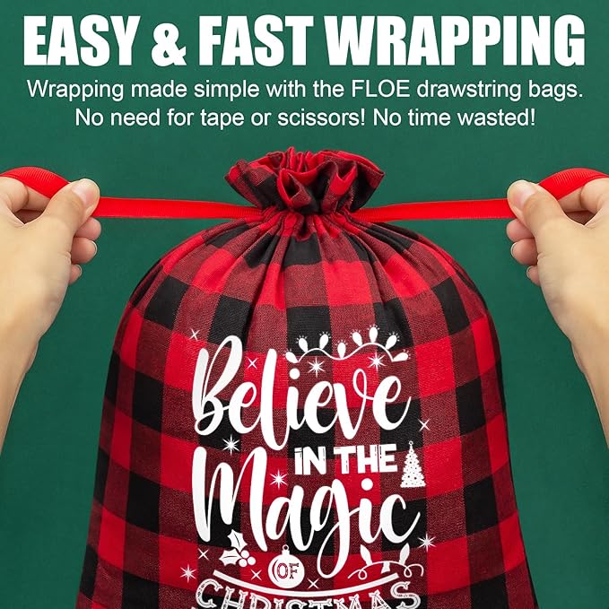 10 PCS Christmas Drawstring Gift Bags with Tags, Buffalo Plaid Xmas Gift Bags Assorted Sizes Bulk, Cotton Fabric Holiday Gift Bag Large Medium Small Wrapping Bag for Xmas Presents Decor Party Favors