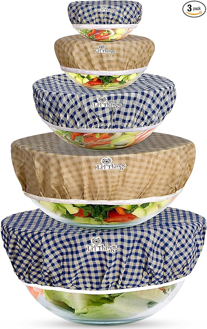 Li’l Things Beeswax Bowl Covers – Reusable Wraps Set of 5 | Organic Cotton, Beeswax & Jojoba | Eco-Friendly, Washable Lids for Bread Proofing, Jars, Pet Food (XS–XL)- Checkered Plaid