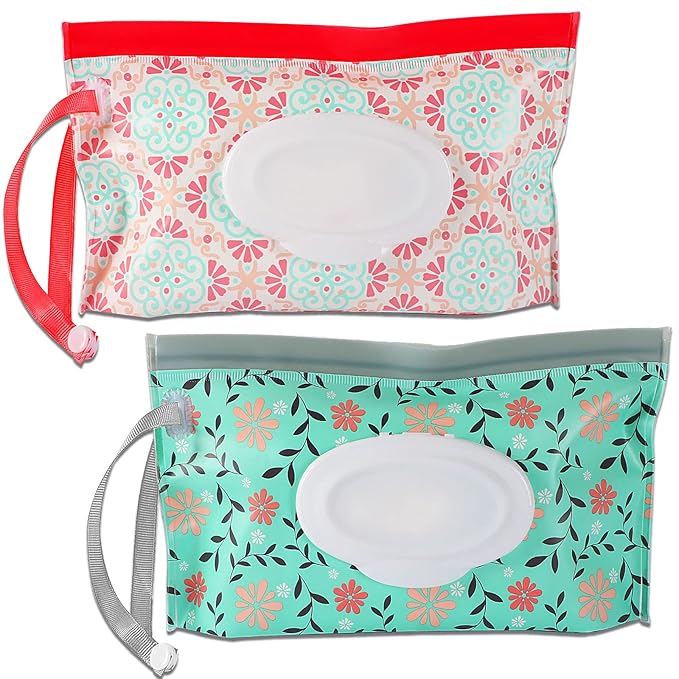 FEBSNOW 2 Pack Baby Wipe Pouch, Portable Wet Wipe Holder Container, Reusable and Refillable Travel Wet Wipes Dispenser Case