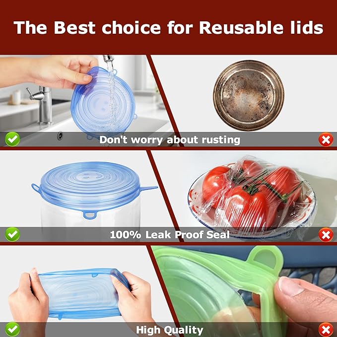 Silicone Stretch Lids, 6 Pack Silicone Lids, 6 Sizes Silicone Bowl Covers Reusable for Cups, Bowls and Dish, Flexible, Round and Rectangle Fit