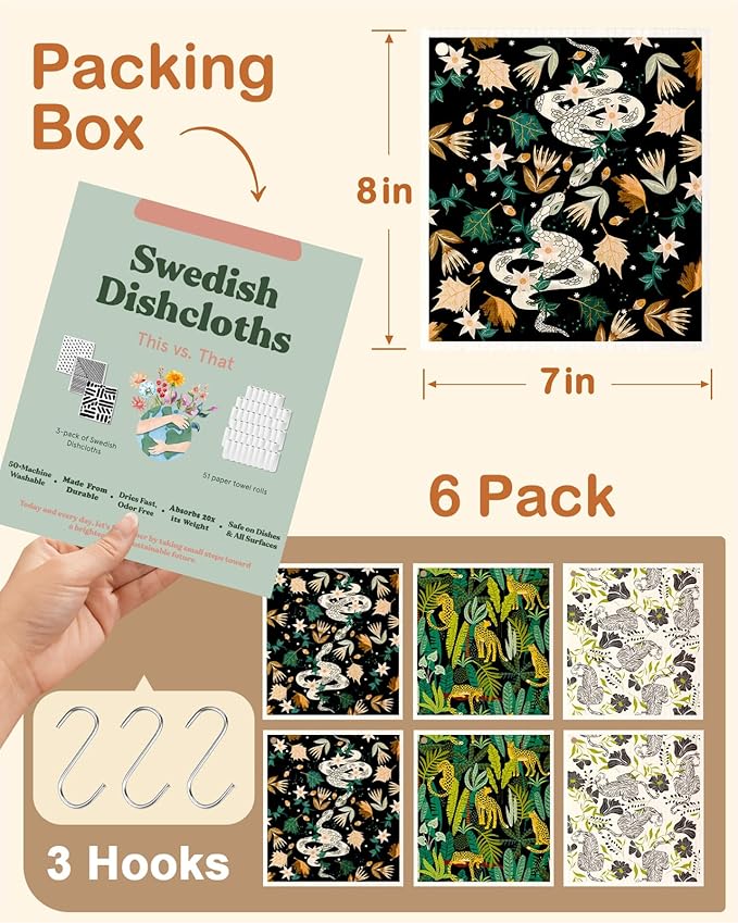 Kitchen Swedish Dishcloths with Hooks - 6 Pack Reusable Dish Cloths for Washing Dishes Fast Drying Cute Fun Swedish Dish Towels Washable Cleaning Sponge, Snake Tiger Leopard