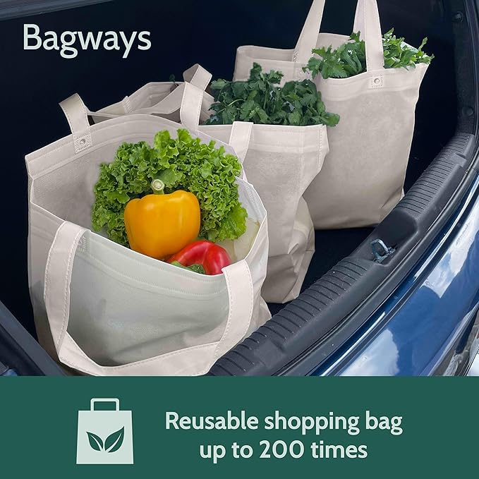 Bagways 50 PACK Reusable Grocery Bags with Handles, Durable, Foldable, Washable Eco-Friendly Shopping Totes, 14x6.5x14 Inch, Cream