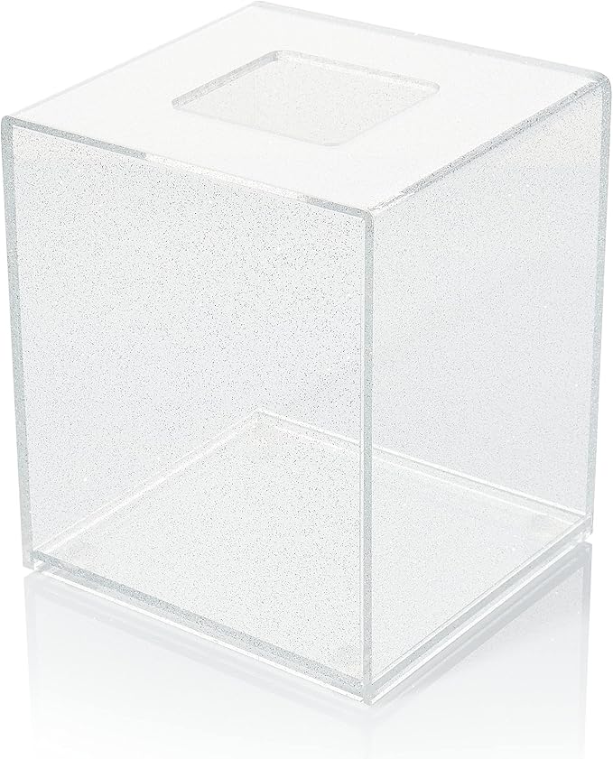 Acrylic Tissue Box Holder, Square Dispenser for Facial Tissues, Napkins, and Dryer Sheets. Perfect for Bathrooms, Desks, Countertops, Vanities, Bedrooms, and Nightstands (Square, Clear Glitter)