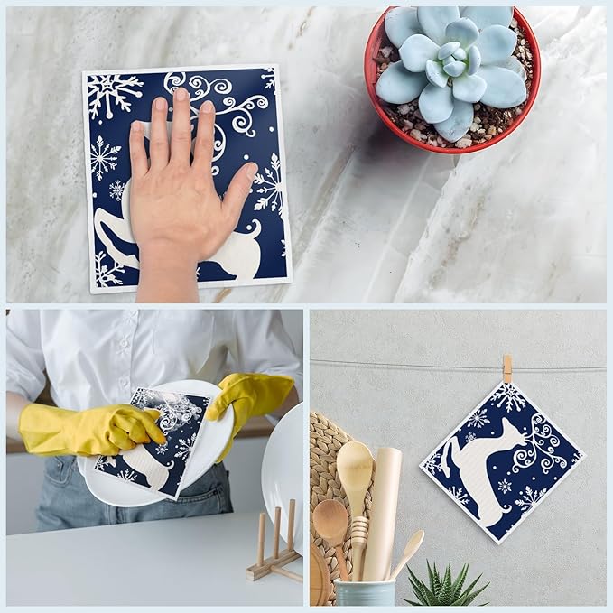 Swedish Dishcloths for Kitchen, Christmas Xmas Tree Snowflake Blue Kitchen Dish Towels for Washing Dishes, 4 Pack Reusable Paper Towels, Sponge Cloths for Holiday Home Cleaning Baking Cooking