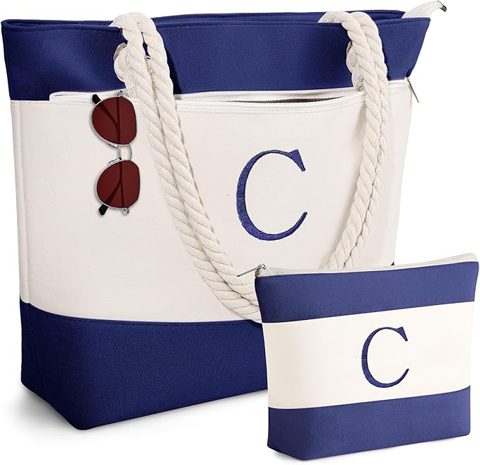 YOOLIFE Christmas Gifts for Women - Personalized Initial Canvas Beach Bags for Women Gifts for Mom Teacher Friend Birthday