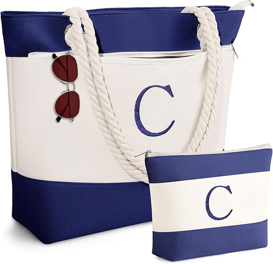YOOLIFE Christmas Gifts for Women - Personalized Initial Canvas Beach Bags for Women Gifts for Mom Teacher Friend Birthday