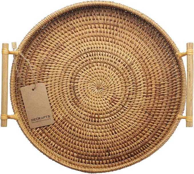 DECRAFTS Rattan Round Serving Tray Wicker Woven Bread Basket with Handles for Cracker Dinner Parties Coffee Table Breakfast (Natural 12.6 inches)
