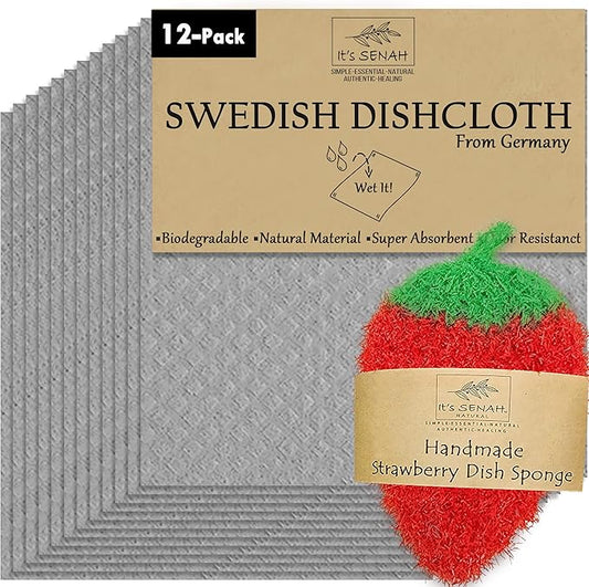 [12Pack+1Loofah Dish Sponge] 100% Natural Biodegradable Swedish Dishcloths for Kitchen | No-Discoloration, No-Odor, Super Absorbent Dish Sponge | Paper Towel Replacement.