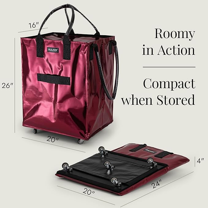 HULKEN - (Large, Cosmic Red Reusable Grocery Bag On Wheels, Shopping Trolley, Rolling Tote, Zipper Closure, Lightweight, Carries Up to 66 lb, Folds Flat, Unbreakable Handles