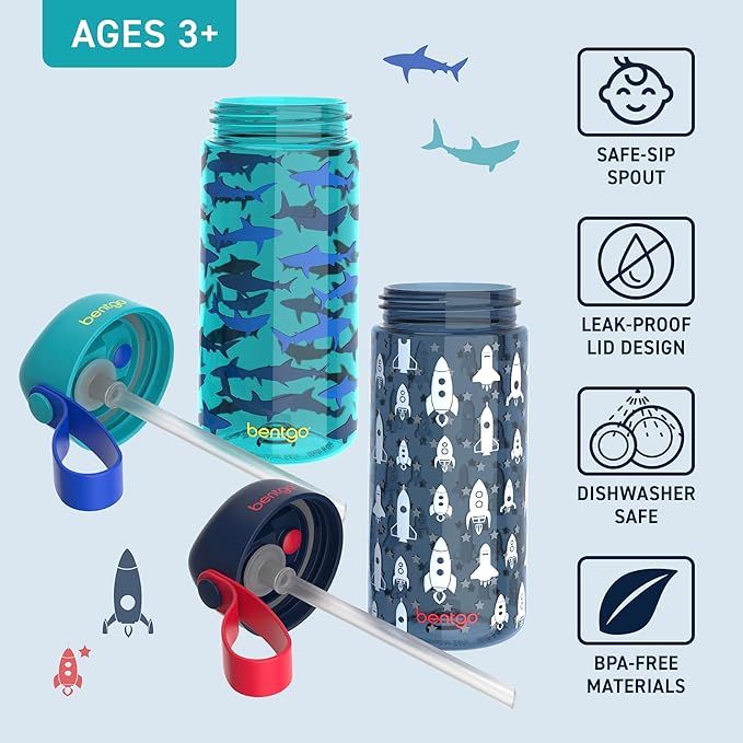 Bentgo Kids Water Bottle 2-Pack - Leak-Proof, Durable Tritan, BPA-Free 15 oz. Cup for Kids/Toddlers Ages 3+, Safe Sip Spout, & Dishwasher Safe for School/Sports/Daycare/Camp (Rocket/Shark)