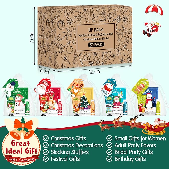 50 Pack Christmas Hand Cream, Facial Mask and Lip Balm Gift Set, Stocking Stuffers for Women, Bulk Christmas Gifts with Christmas Cards Organza Bag for Christmas Party Supplies, Christmas Decorations