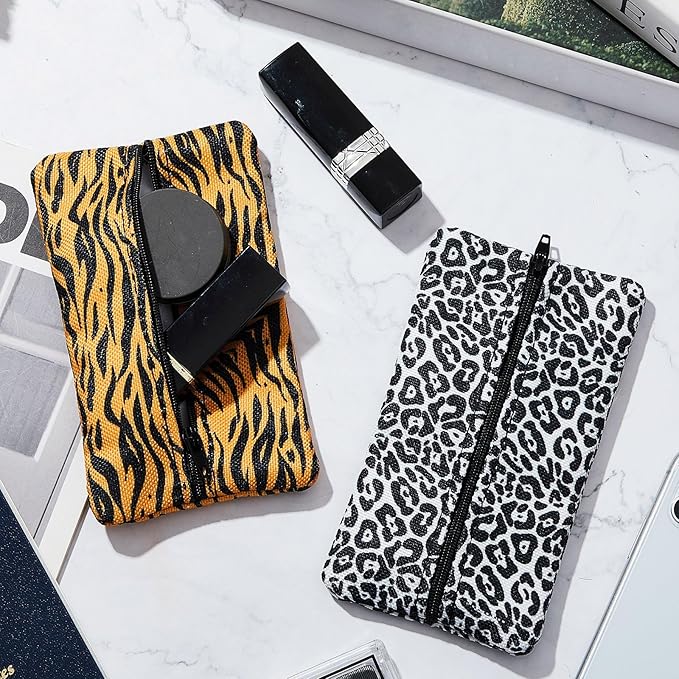 Kigeli 2 Pieces Purse Tissue Holder Travel Tissue Pouch for Purse Fabric Zipper Enclosed Pouches Reusable Flower Pattern Paper Holder for Coins, 5.25 x 3 Inches(Leopard Print, Gold Zebra)