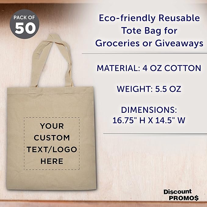 DISCOUNT PROMOS Custom Cotton Canvas Tote Bags Set of 50, Personalized Bulk Pack - Reusable, Great for Shopping, Grocery, Beach, Picnic, Wedding Favors - Natural