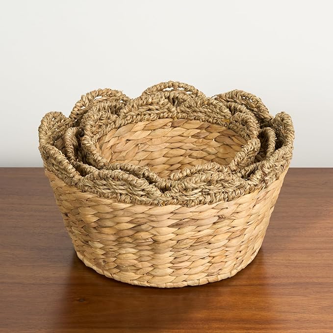 Isidore Water Hyacinth Storage Baskets, Round Woven Set of 3, Natural Brown, Pantry Organizer for Kitchen and Bathroom Storage