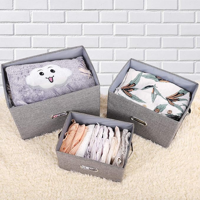 Large Linen Fabric Foldable Storage Bins with Removable Lid and Handles, Washable Storage Box Organizer Containers Baskets Cube with Cover for Bedroom,Office(Black, Small)