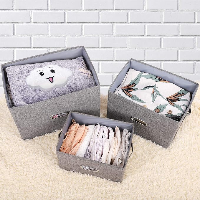Large Linen Fabric Foldable Storage Bins with Removable Lid and Handles, Washable Storage Box Organizer Containers Baskets Cube with Cover for Bedroom,Closet,Nursery (Grey, Large(2-Pack))