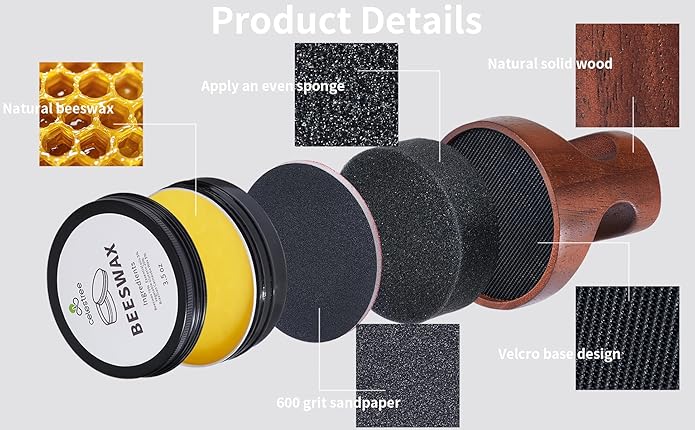 Food Grade Cutting Board Wax Care Kit - Reusable 5 Sponges & 5 Sandpapers, Ergonomic Wood Handle Applicator, 7oz Beeswax Polish for Wood Maintenance, Furniture, Butcher Block, Cast Iron, DIY