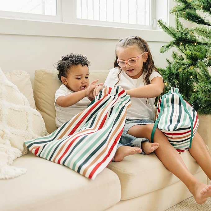 Gather & Knot Drawstring Christmas Gift Bags | 20" Large 16" Medium | Premium Canvas | Reusable Fabric Wrap for Holidays | Mix & Match | Green Stripes