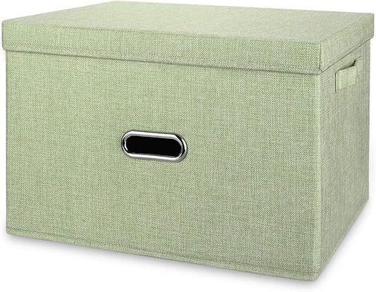 Large Linen Fabric Foldable Storage Bins with Removable Lid and Handles, Washable Storage Box Organizer Containers Baskets Cube with Cover for Bedroom,Office(Green, XXL)