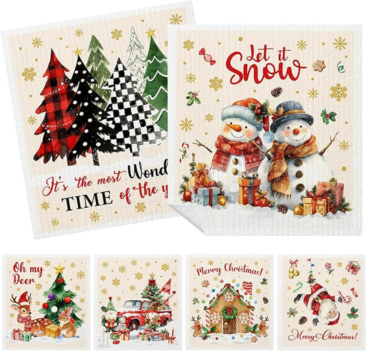 Mixed Christmas Swedish Kitchen Dishcloths Dish Towels 6 Pack, Christmas Dish Towels for Kitchen, Swedish Dishcloth with Santa, Paper Towels Reusable, Dish Cloth Towel Cleaning Wipe for Holiday Party
