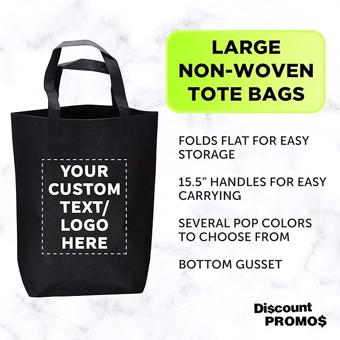 DISCOUNT PROMOS Large Reusable Heavy Duty Tote Bag Set of 10/50/100, Personalized Bulk Pack