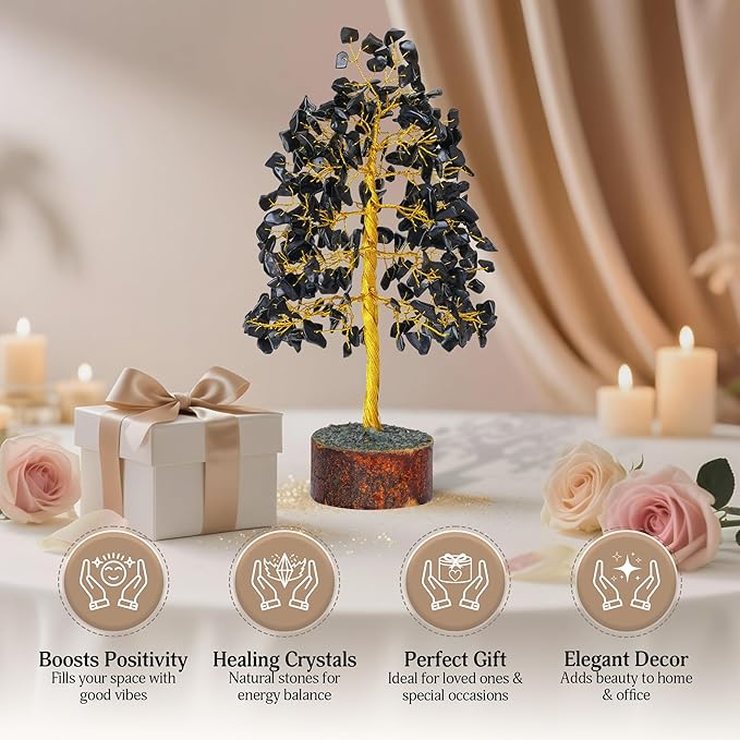 FASHIONZAADI Black Tourmaline Gemstone Tree - Feng Shui Money Bonsai Tree for Home Decor - Black Tourmaline Crystal Spiritual Gift - Good Energy Chakra Stone 10 Inch - Good Luck Stones and Crystals