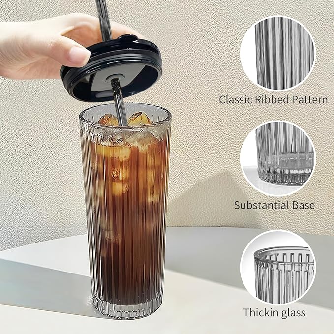 Puraville 18oz Glass Cup with Lid and Straw, Vintage Ribbed Striped Thickened Glassware for Whiskey Cocktail Beer, Mason Jar Drinking Glasses Tumbler Iced Coffee Cup, Black