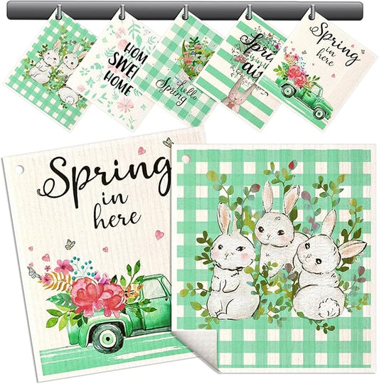 Swedish Dishcloths for Kitchen - 5 Pack Reusable Dish Cloths for Washing Dishes Absorbent Cute Funny Kitchen Towels Cleaning Sponge, Green Rabbit