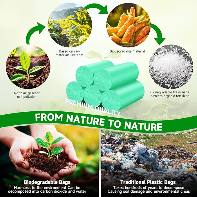3 Gallon Small Bathroom Trash Bag - Green Mini Garbage Bags Biodegradable Kitchen Office Car Waste Basket Unscented Tiny Liners 100 Count 12 Liter Compostable Strong Thick Chenyucheng