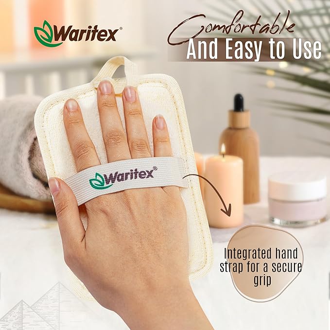 Waritex Egyptian Loofah Rectangular Body Scrubbers with Hand Strap, Exfoliating Bath Pads Made from Natural Egyptian Loofah Fibers, Gentle Deep Cleansing for Men and Women in Shower 2 Count (1 Pack)