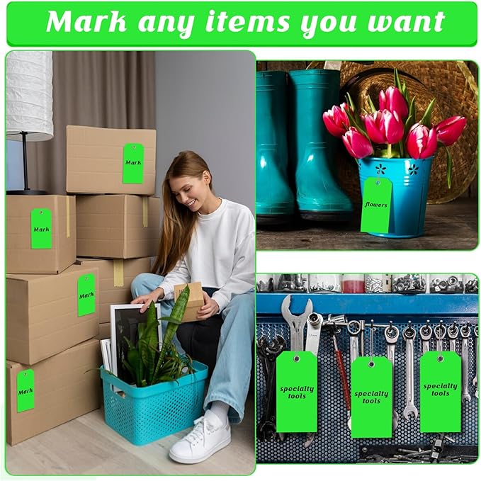 200 PCS 4 3/4" x 2 3/8" Neon Color Shipping Tags with Wire Paper Heavy Duty Hang Tags with Reinforcement Holes Writable Luggage Tag with String Durable Marking Tags (Neon Green, 4 3/4" x 2 3/8")