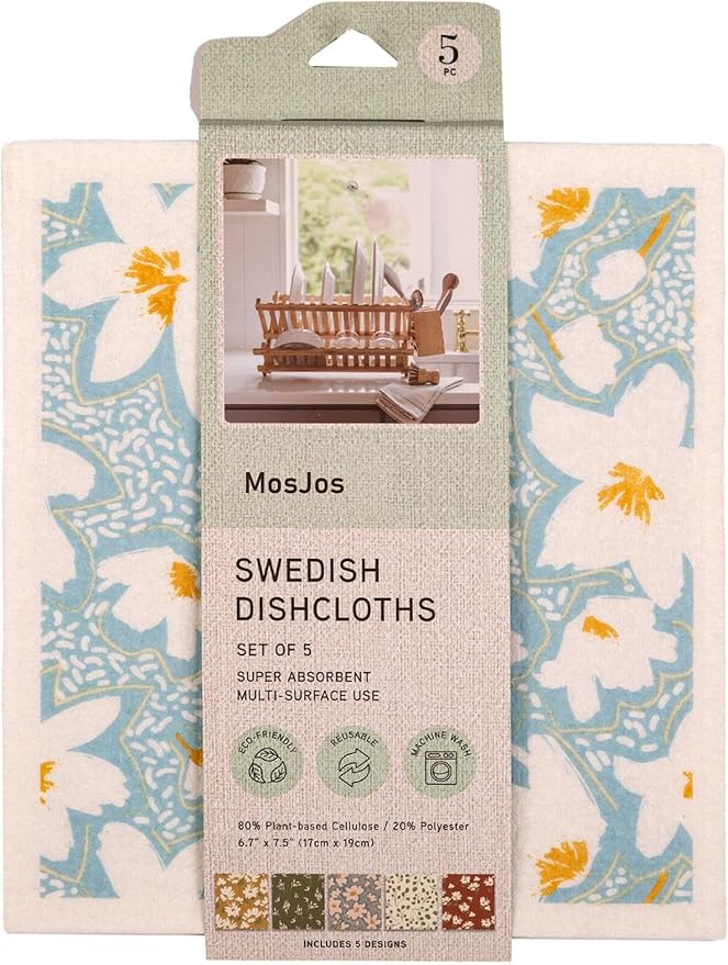 MosJos Swedish Dishcloths, Super Absorbent Multi-Surface Cleaning Cloths, Blue Floral Print, 80% Cellulose, 6.7x7.5 Inch, Set of 5 Designs