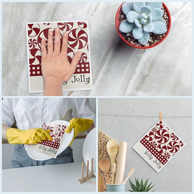 Swedish Dishcloths for Kitchen, Christmas Xmas Gingerbread Red Kitchen Dish Towels for Washing Dishes, 4 Pack Reusable Paper Towels, Sponge Cloths for Winter Home Cleaning Cooking Baking