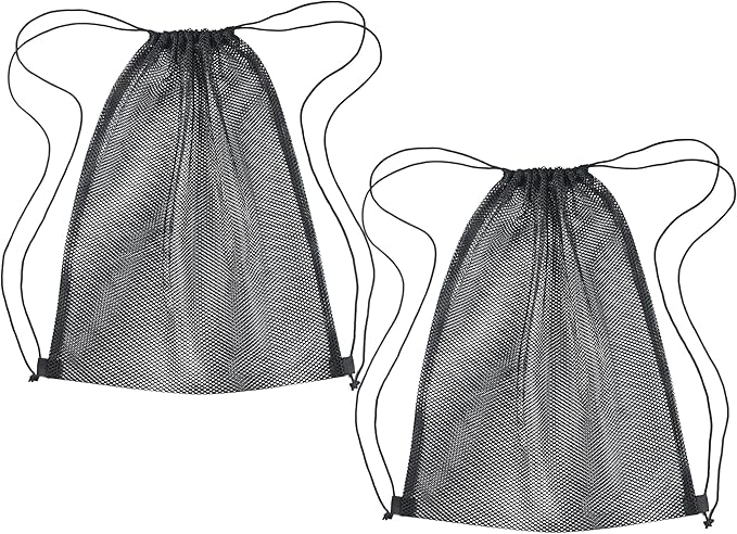 2 Pcs Mesh Drawstring Bag 16 x 20 Inch Heavy Duty Nylon Net Bags, Durable Mesh Backpack for Gym Hiking Swimming Soccer Ball Basketball Beach Toys Laundry Mushroom Foraging Etc (Black)