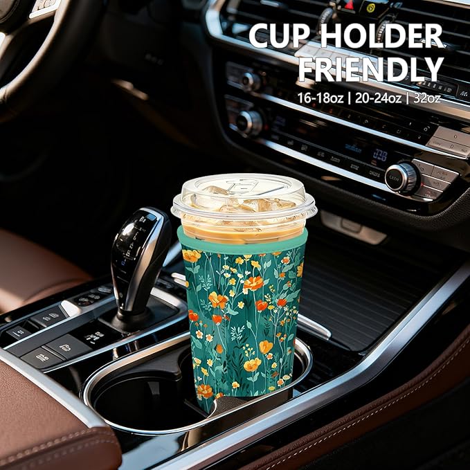 Iced Coffee Sleeve, Reusable Insulated Neoprene Cup Sleeve for Cold & Hot Drinks Beverages, Cup Holder for 16oz-18oz Coffee Cups, Green Flowers