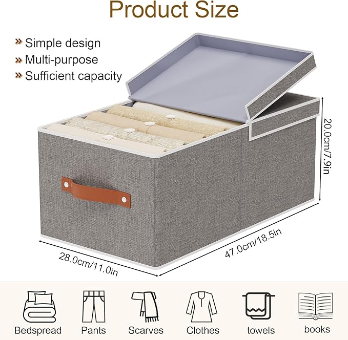 3-Pack Storage Boxes, Foldable Blanket Basket with Detachable Lid, Linen Closet 0rganizers with Double Handles, Collapsible Cubes for Organizing, Grey, 18.5 x 11 x 7.9 in
