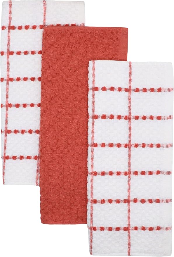 Cotton Dish Towels for Kitchen Drying Dishes, Set of 3, Terry Kitchen Hand Towels, Light and Soft Tea Towels for Baking, 15 Inch x 25 Inch (Red Set)